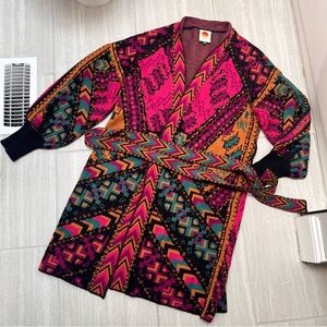 Farm Rio Bold Geometric Belted Knit Coatigan in Pink & Teal